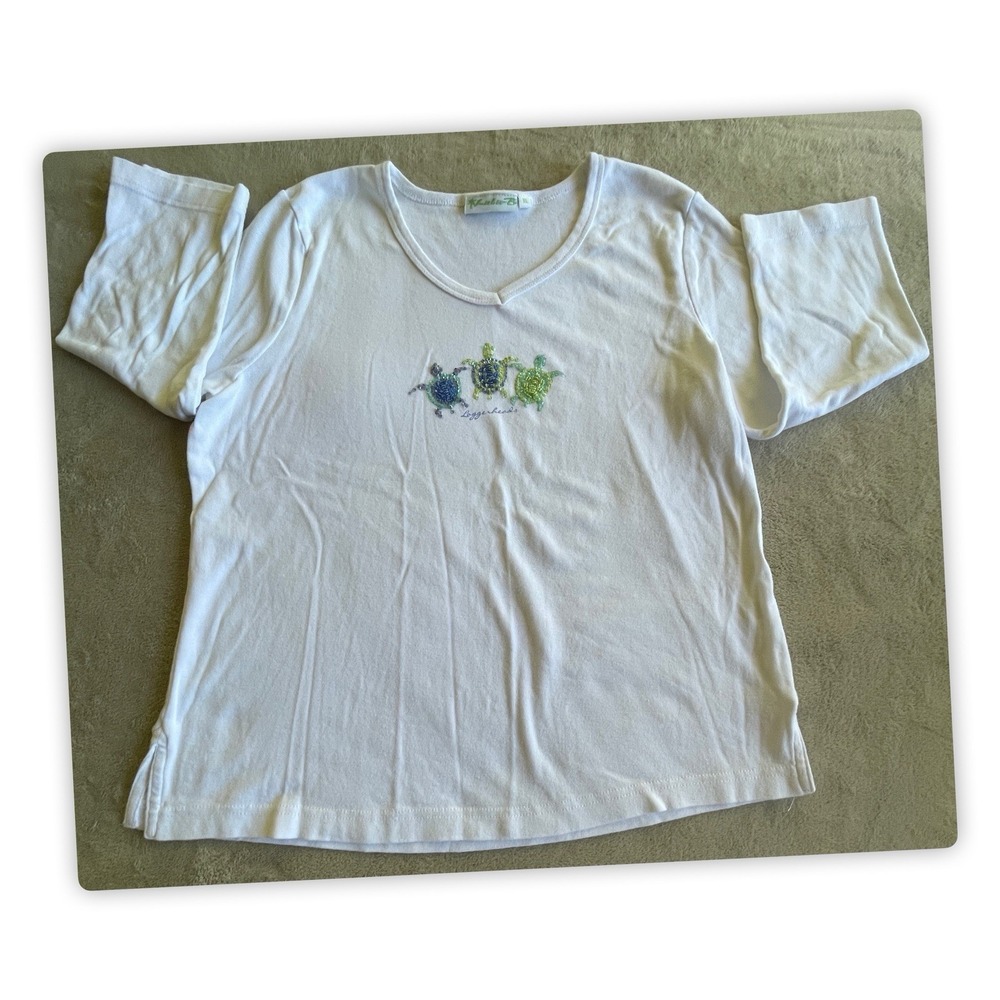Kula-B White Turtle Embroidered Beaded Cotton Top Womens XL Beach Casual